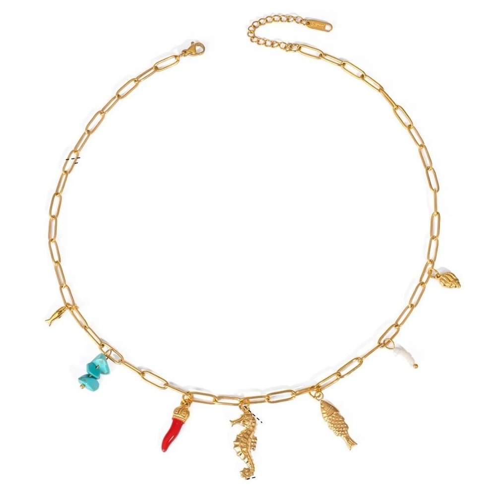 Gold Stainless Steel Paperclip Charm Necklace Seahorse Turquoise Italian Horn